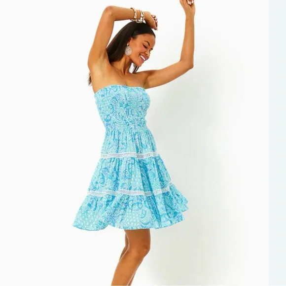 Lilly Pulitzer Kelvina Blue Strapless Smocked Bodice Dress with Ruffled Tiers  L - Picture 12 of 13